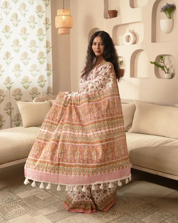 White_Cotton_Jaal_Block_Print_Mul_Saree_With_Tassels_For_Women